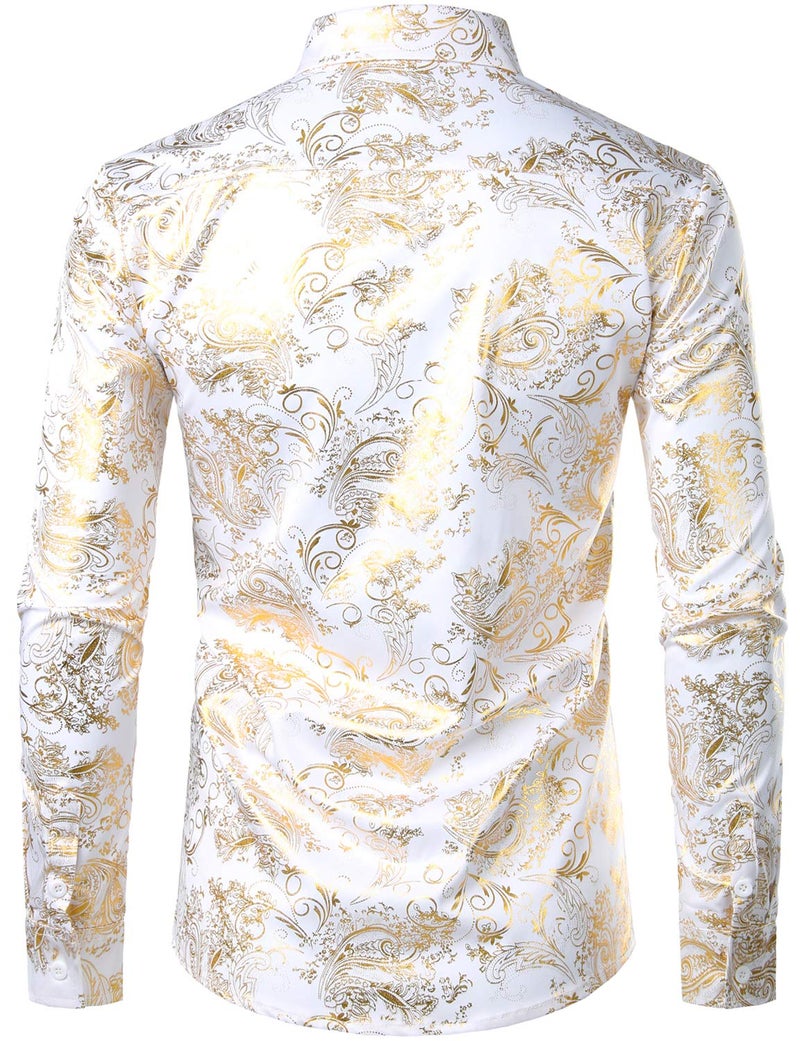 ZEROYAA Men's Luxury Paisley Gold Shiny Printed Stylish Slim Fit Button Down Dress Shirt ZLCL18 White Gold X-Large - Image 2